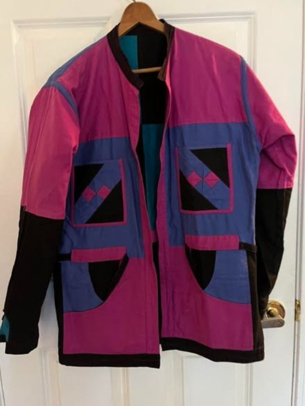 Vintage applique jacket, reversible, with pockets and drawstring waist belt. L